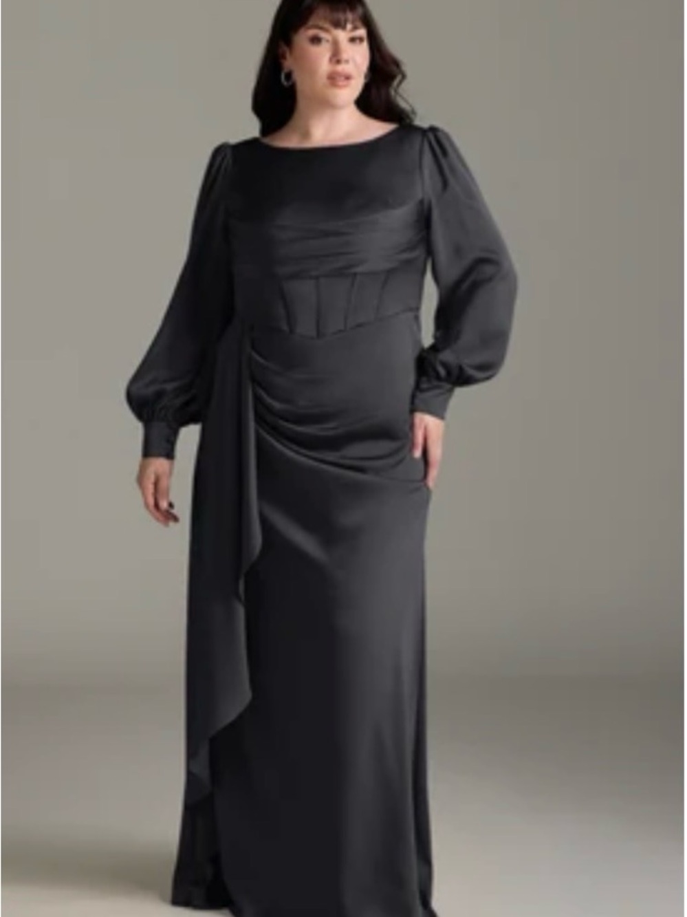 Azazie Black Long Sleeve Plus-Size Satin Evening Dress